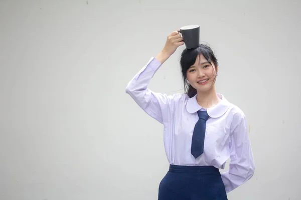 Asiatisch Thai High School Student Uniform Hübsch Mädchen Trinken Heiß — Stockfoto