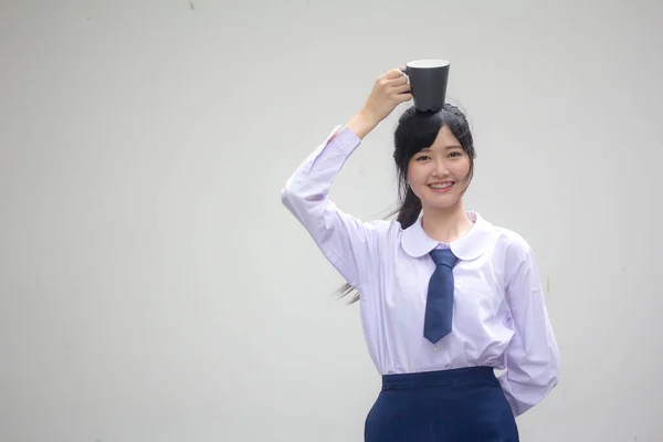 Asiatisch Thai High School Student Uniform Hübsch Mädchen Trinken Heiß — Stockfoto