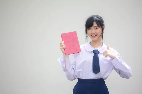 Ásia Tailandês Estudante Ensino Médio Uniforme Bela Menina Ler Livro — Fotografia de Stock