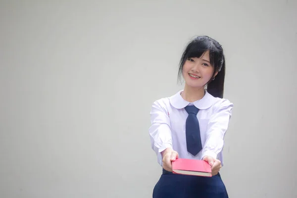 Asia Thai High School Student Uniform Beautiful Girl Read Book — Stock Photo, Image