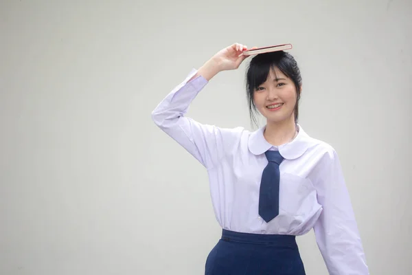 Asia Thai Gymnasiet Student Uniform Vacker Flicka Läsa Bok — Stockfoto