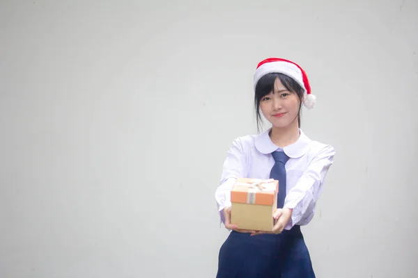 Portrait Thai High School Student Uniform Hold Gift Box Hands — Stock Photo, Image