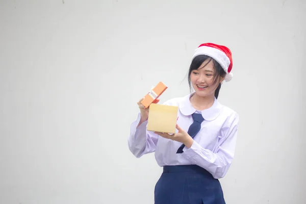 Portrait Thai High School Student Uniform Hold Gift Box Hands — Stock Photo, Image