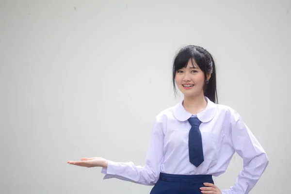 Retrato Tailandês Estudante Ensino Médio Uniforme Bela Menina Mostrar Mão — Fotografia de Stock