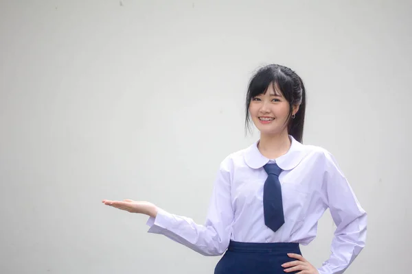 Retrato Tailandês Estudante Ensino Médio Uniforme Bela Menina Mostrar Mão — Fotografia de Stock