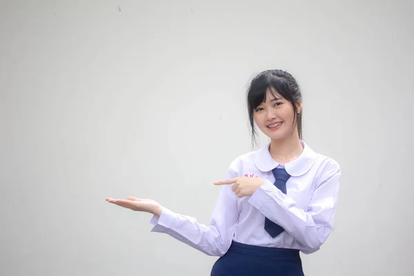 Retrato Tailandés Estudiante Secundaria Uniforme Hermosa Chica Mostrar Mano — Foto de Stock