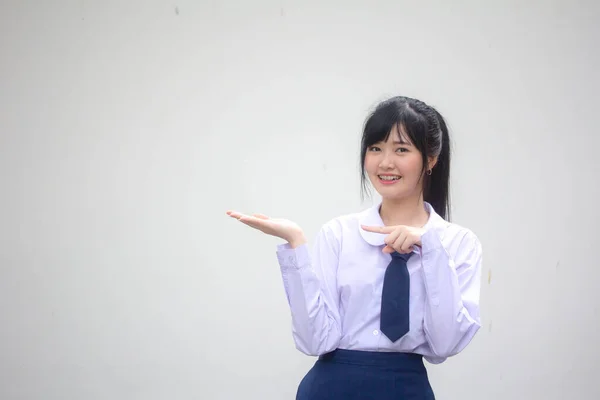 Retrato Tailandés Estudiante Secundaria Uniforme Hermosa Chica Mostrar Mano —  Fotos de Stock