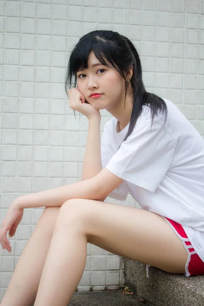 Asiatisch Thai Japanisch Teen Weiß Shirt Hübsch Mädchen Glücklich Und — Stockfoto