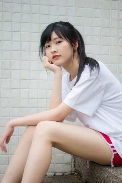 Ásia Tailandês Japonês Adolescente Branco Shirt Bela Menina Feliz Relaxar — Fotografia de Stock