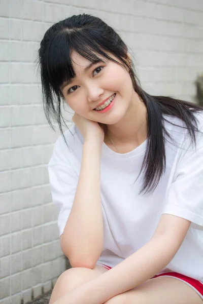 Asia Thai Japanese Teen Teen White Shirt Beautiful Girl Happy — Stok fotoğraf