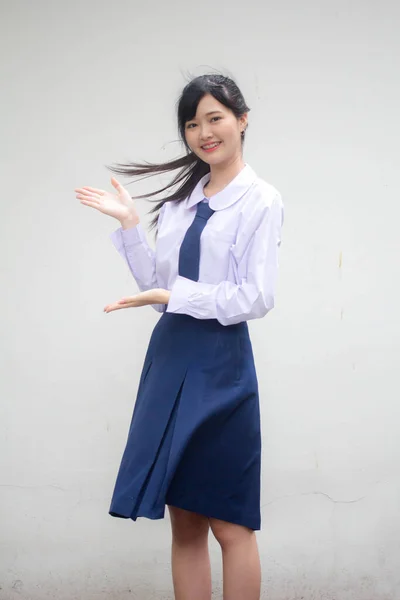 Portrait Thai High School Student Uniform Beautiful Girl Pointing — Stock Photo, Image
