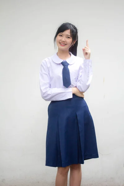 Portret Van Thaise Middelbare School Student Uniform Mooi Meisje Wijzend — Stockfoto