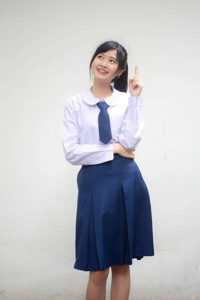 Portré Thai Középiskolai Diák Egyenruha Gyönyörű Lány Rámutatva — Stock Fotó