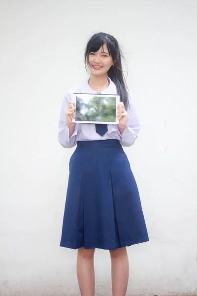 Portrait Thai High School Student Uniform Beautiful Girl Show Tablet — Stock Photo, Image