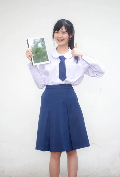 Portrait Thai High School Student Uniform Beautiful Girl Show Tablet — Stock Photo, Image