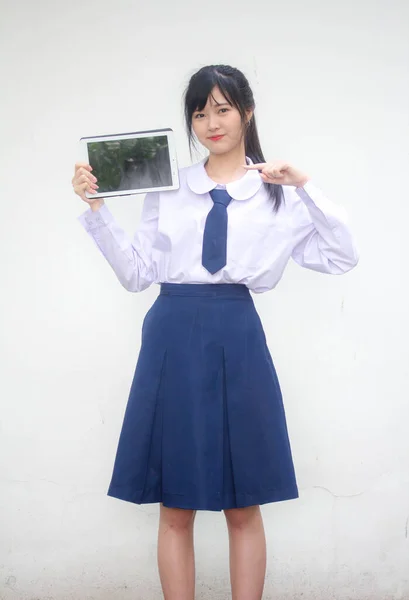 Portrait Thai High School Student Uniform Beautiful Girl Show Tablet — Stock Photo, Image