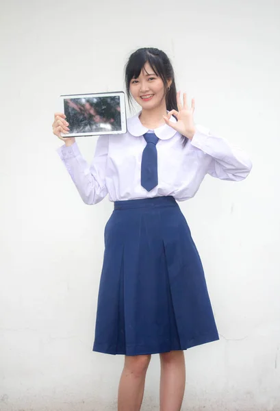 Portret Van Thaise Middelbare School Student Uniform Mooi Meisje Show — Stockfoto
