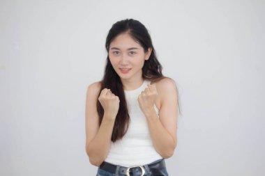 Tayland portresi yetişkin güzel kız beyaz gömlek mavi kot mükemmel