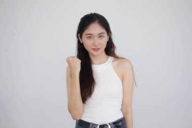 Tayland portresi yetişkin güzel kız beyaz gömlek mavi kot mükemmel