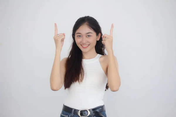 Portret Van Thai China Volwassene Mooi Meisje Wit Shirt Blauw — Stockfoto