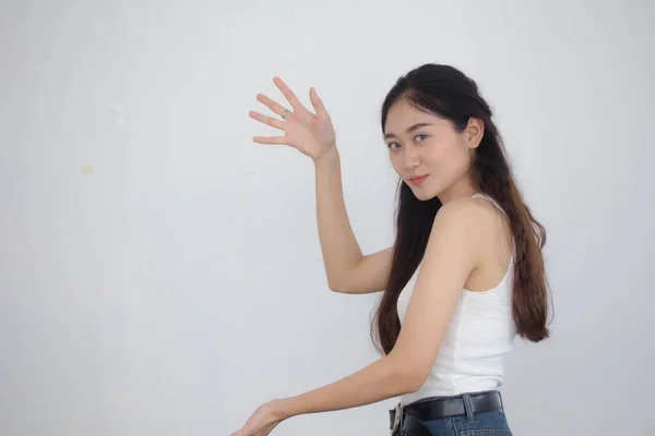 Retrato Tailandés China Adulto Hermosa Chica Blanca Camisa Azul Jeans — Foto de Stock
