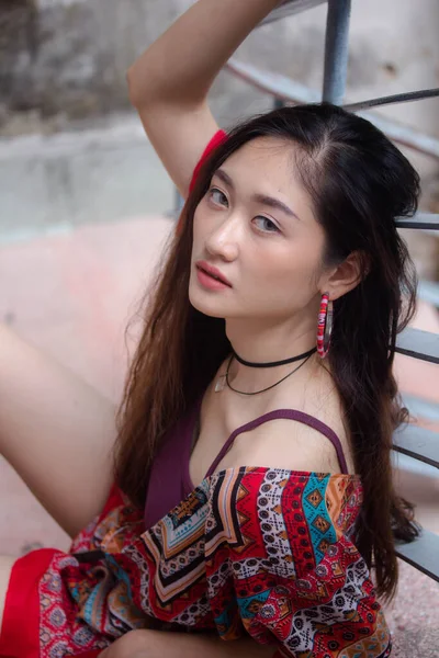 Portrait Thai China Adult Bohemian Girl Relax Smile — Stock Photo, Image