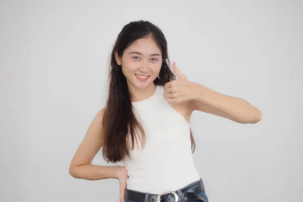 Portrait Von Thai China Adult Beautiful Girl Weißes Hemd Blaue — Stockfoto