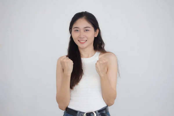 Retrato Tailandés China Adulto Hermosa Chica Blanca Camisa Azul Jeans —  Fotos de Stock