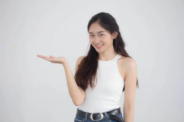 Portrait Thai China Adult Beautiful Girl White Shirt Blue Jeans — Stock Photo, Image