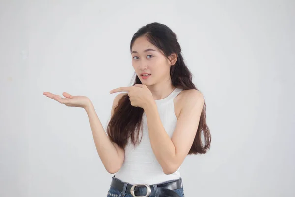 Portrait Thai China Adult Beautiful Girl White Shirt Blue Jeans — Stock Photo, Image