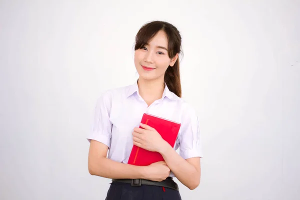 Ásia Tailandês Estudante Ensino Médio Uniforme Bela Menina Ler Livro — Fotografia de Stock