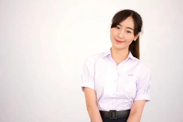 Retrato Tailandês Estudante Ensino Médio Uniforme Adolescente Linda Menina Feliz — Fotografia de Stock