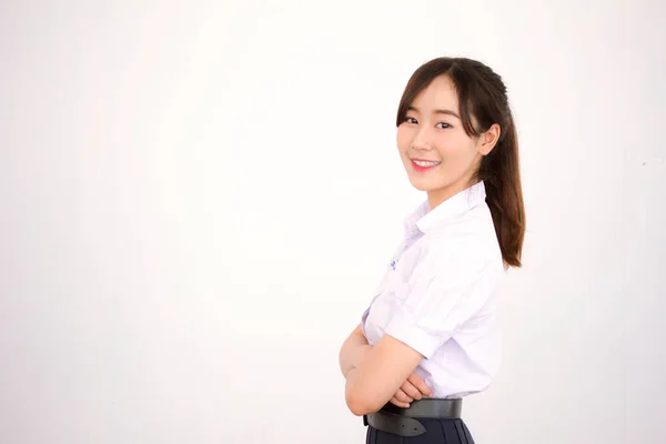 Retrato Tailandês Estudante Ensino Médio Uniforme Adolescente Linda Menina Feliz — Fotografia de Stock