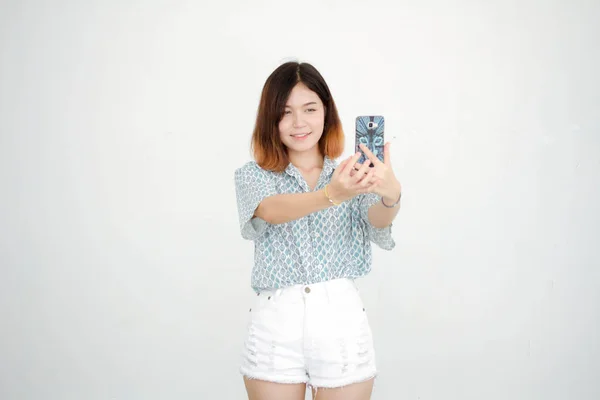 Portrait Von Thailändischen Erwachsenen Schöne Mädchen Kurze Haare Mit Ihrem — Stockfoto