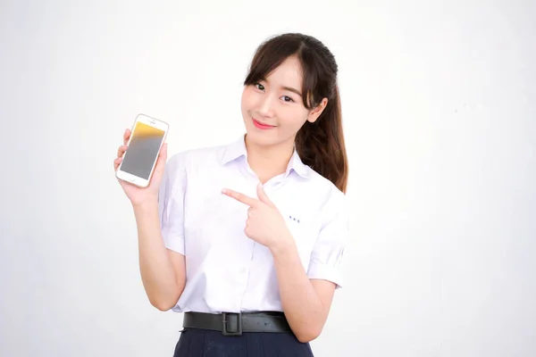 Retrato Tailandés Estudiante Secundaria Uniforme Adolescente Hermosa Chica Mostrar Teléfono —  Fotos de Stock