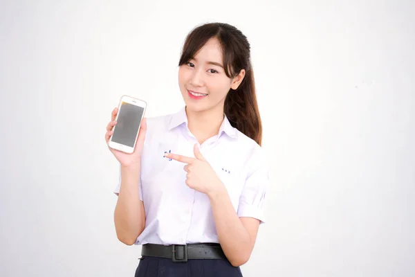 고등학생 제복을 소녀가 스마트폰을 — 스톡 사진