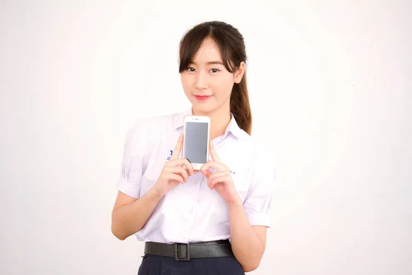 Retrato Tailandés Estudiante Secundaria Uniforme Adolescente Hermosa Chica Mostrar Teléfono — Foto de Stock