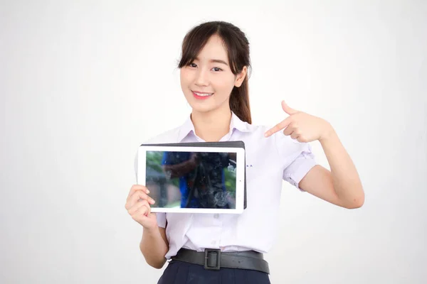 Retrato Tailandês Estudante Ensino Médio Uniforme Menina Bonita Usando Seu — Fotografia de Stock