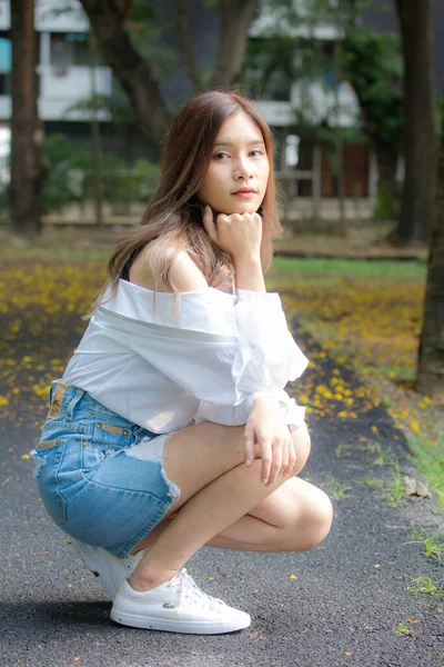 Portrait Thai Jeans Skirt White Shirt Adult Beautiful Girl Relax — Stock Photo, Image