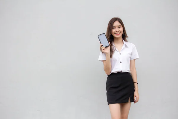 Porträt Der Thailändischen Erwachsenen Studentin Uniform Schöne Mädchen Zeigen Ihr — Stockfoto