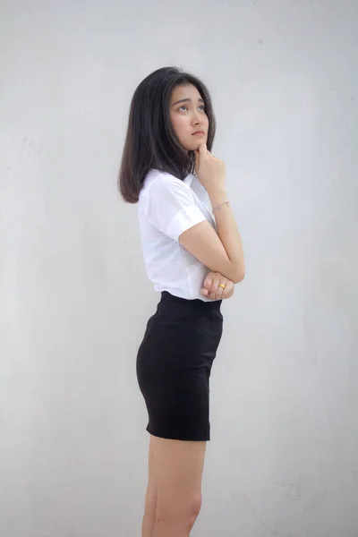 Portré Thai Felnőtt Diák Egyetemi Egyenruha Gyönyörű Lány Think — Stock Fotó