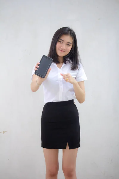 Porträt Der Thailändischen Erwachsenen Studentin Uniform Schöne Mädchen Zeigen Ihr — Stockfoto