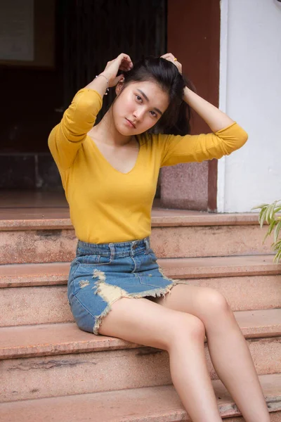 Portrait Thai Jeans Skirt Yellow Shirt Adult Beautiful Girl Relax — Stock Photo, Image