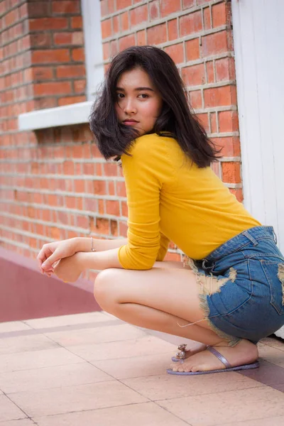 Portrait Thai Jeans Skirt Yellow Shirt Adult Beautiful Girl Relax — Stock Photo, Image