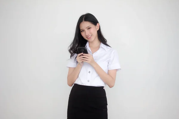 Portret Van Thai Volwassen Student Universiteit Uniform Mooi Meisje Met — Stockfoto