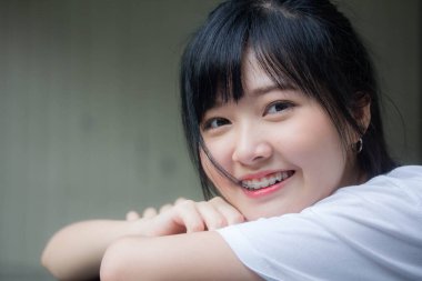 asia thai japanese teen teen White t-shirt beautiful girl happy and relax