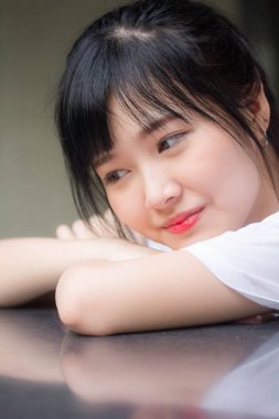 asia thai japanese teen teen White t-shirt beautiful girl happy and relax