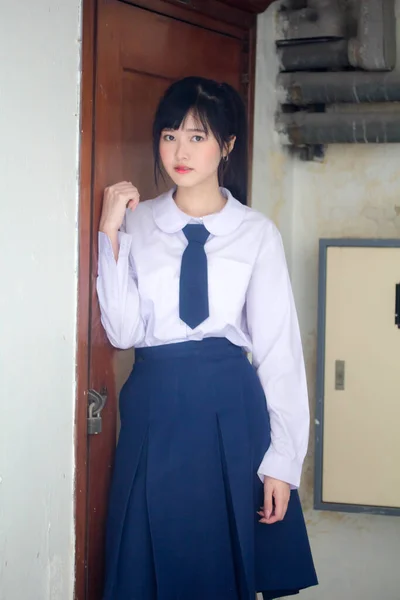 Portrait Thai High School Student Uniform Teen Beautiful Girl Happy — Stock Photo, Image