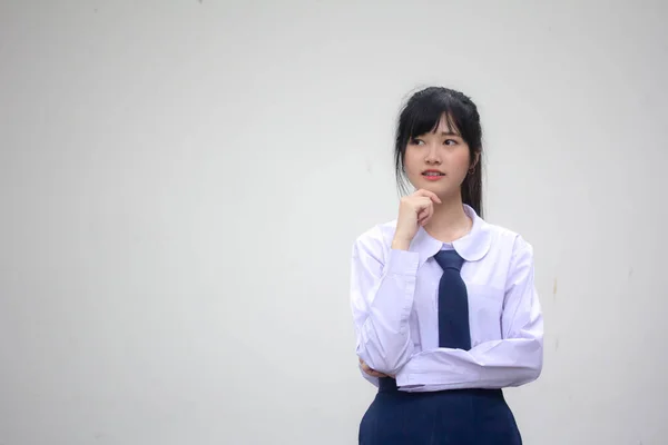 Retrato Tailandês Estudante Ensino Médio Uniforme Menina Bonita Pense — Fotografia de Stock