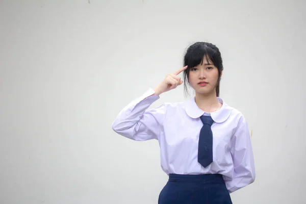 Retrato Tailandês Estudante Ensino Médio Uniforme Menina Bonita Pense — Fotografia de Stock